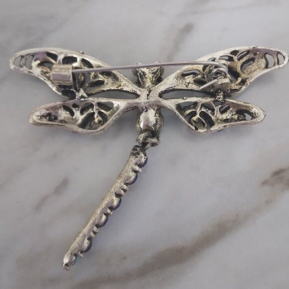 Silver Tone Blue Rhinestone Dragonfly Brooch Pin - Picture 4 of 6